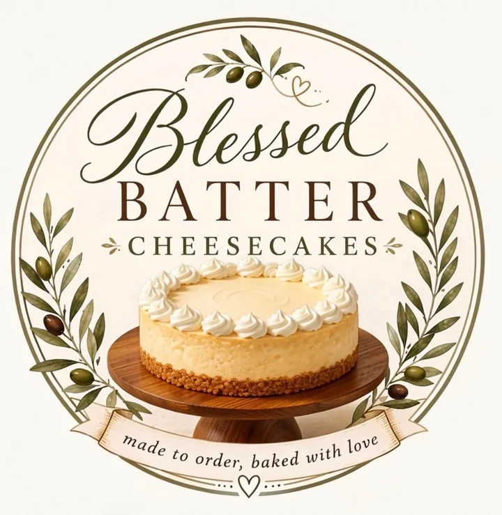 Blessed Batter Cheesecakes logo: a whipped-cream topped cheesecake on a walnut stand